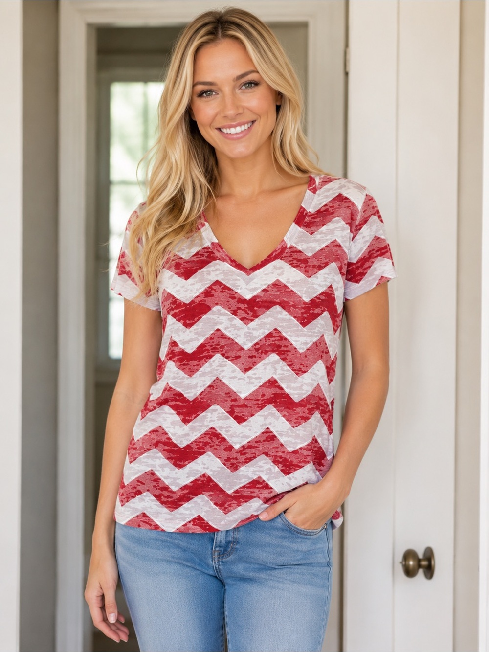 Legacy Athletic Apparel Co. V-Neck Chevron Stripe Tee in Red and White Size-L